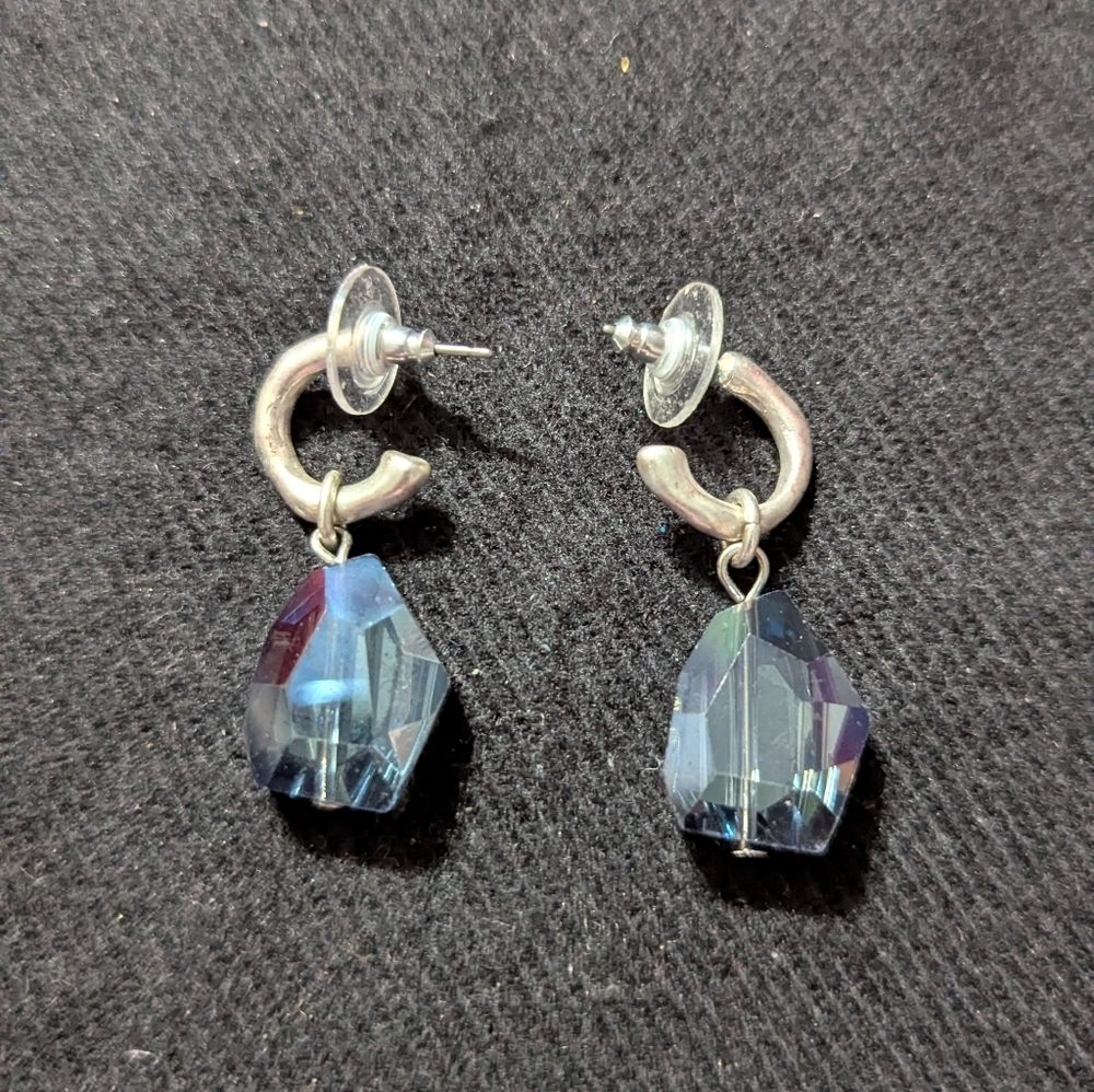 Silver Tone Blue Crystal Dangle Hoop Statement Earrings
